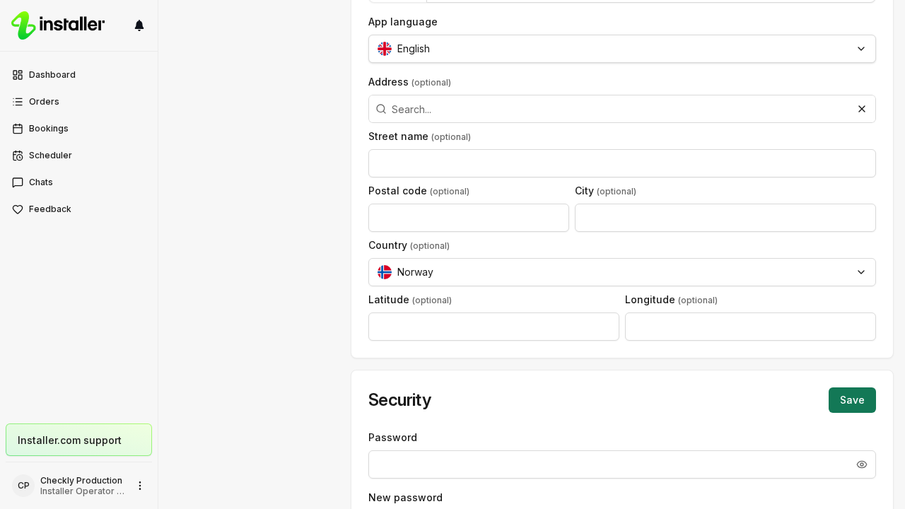 The settings area in Installer.com, opened from the sidebar