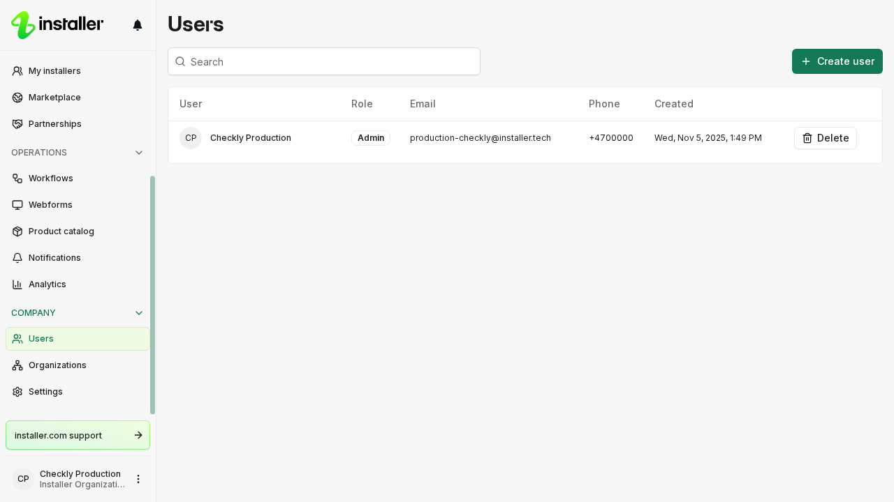 The Users page, listing each member with a Role column