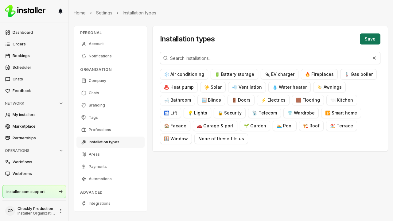 The Installation types settings page, showing one card per installation type