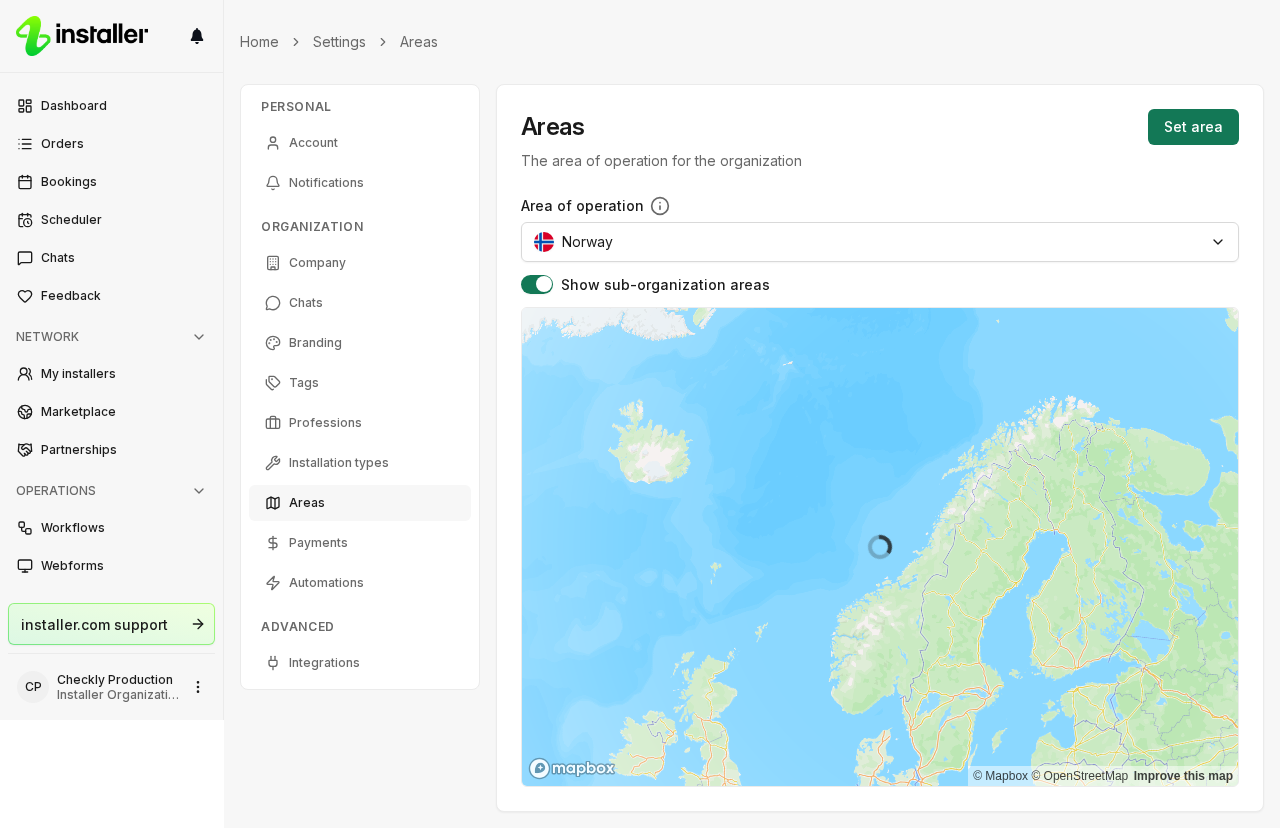The Areas section of Settings, with the Area of operation dropdown, the Show sub-organization areas toggle, the map of your current area, and Set area at the top right