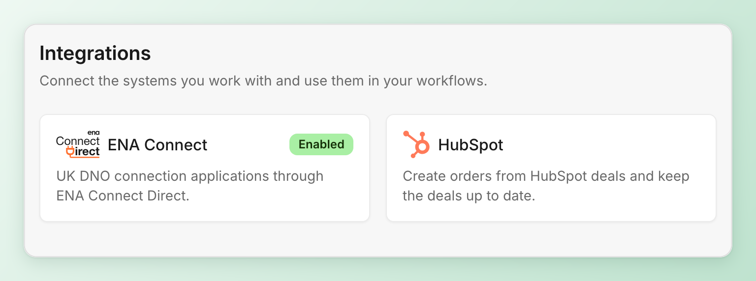 The Integrations page with two cards: ENA Connect, marked Enabled, and HubSpot, not connected