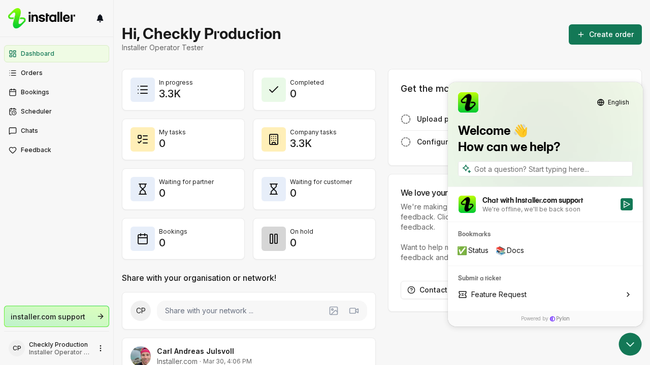 The Installer.com dashboard with the support widget open on the right of the screen