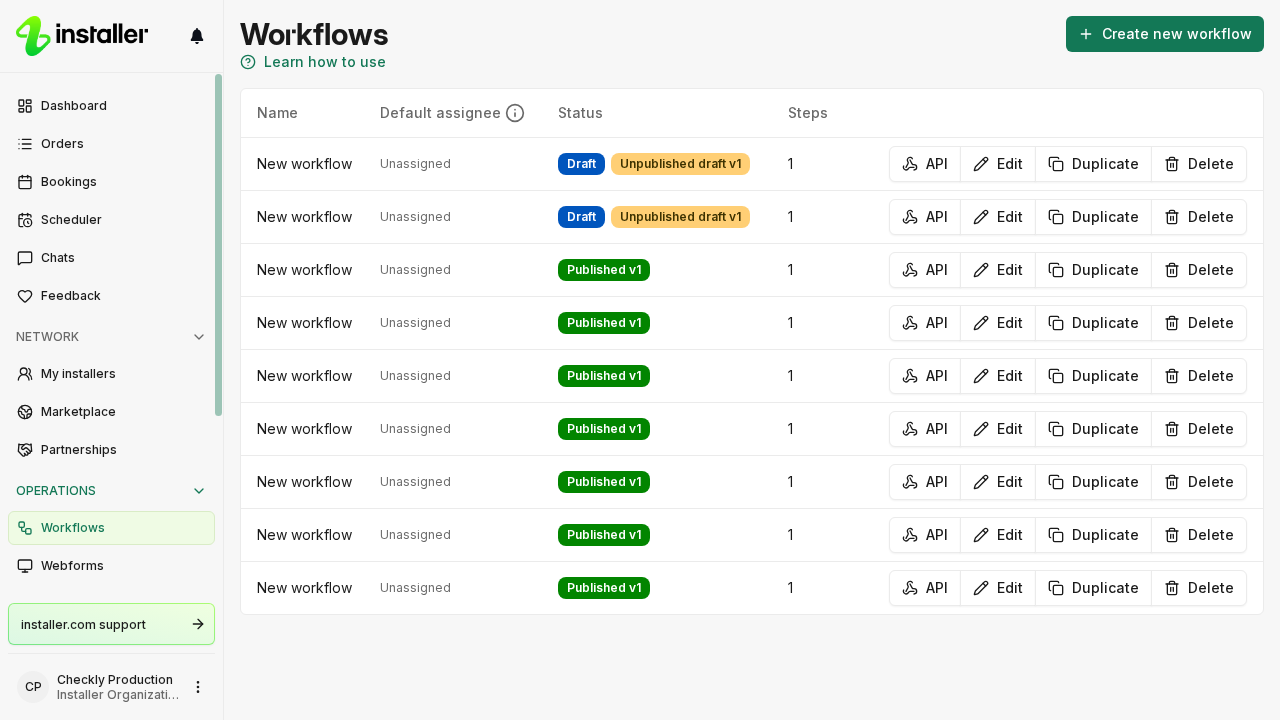 The Workflows list, with the Create new workflow button above the table
