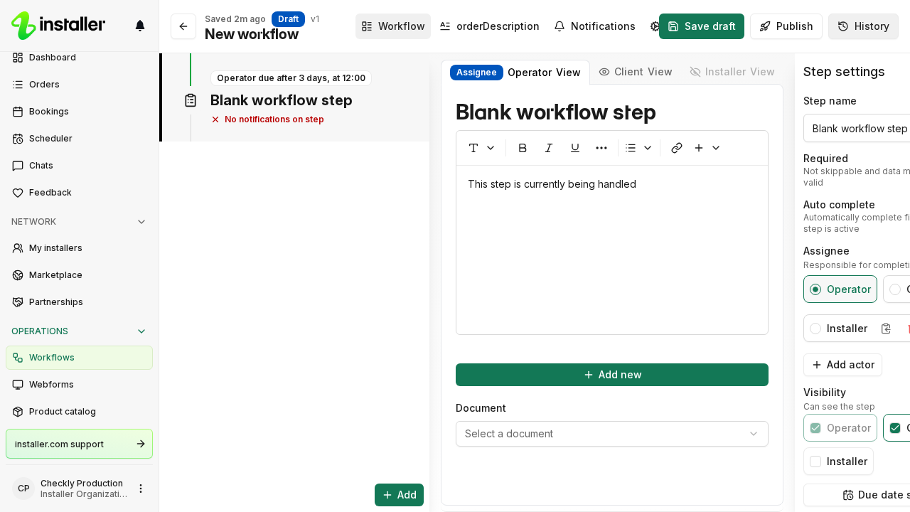 The step editor, with the Step settings panel on the right