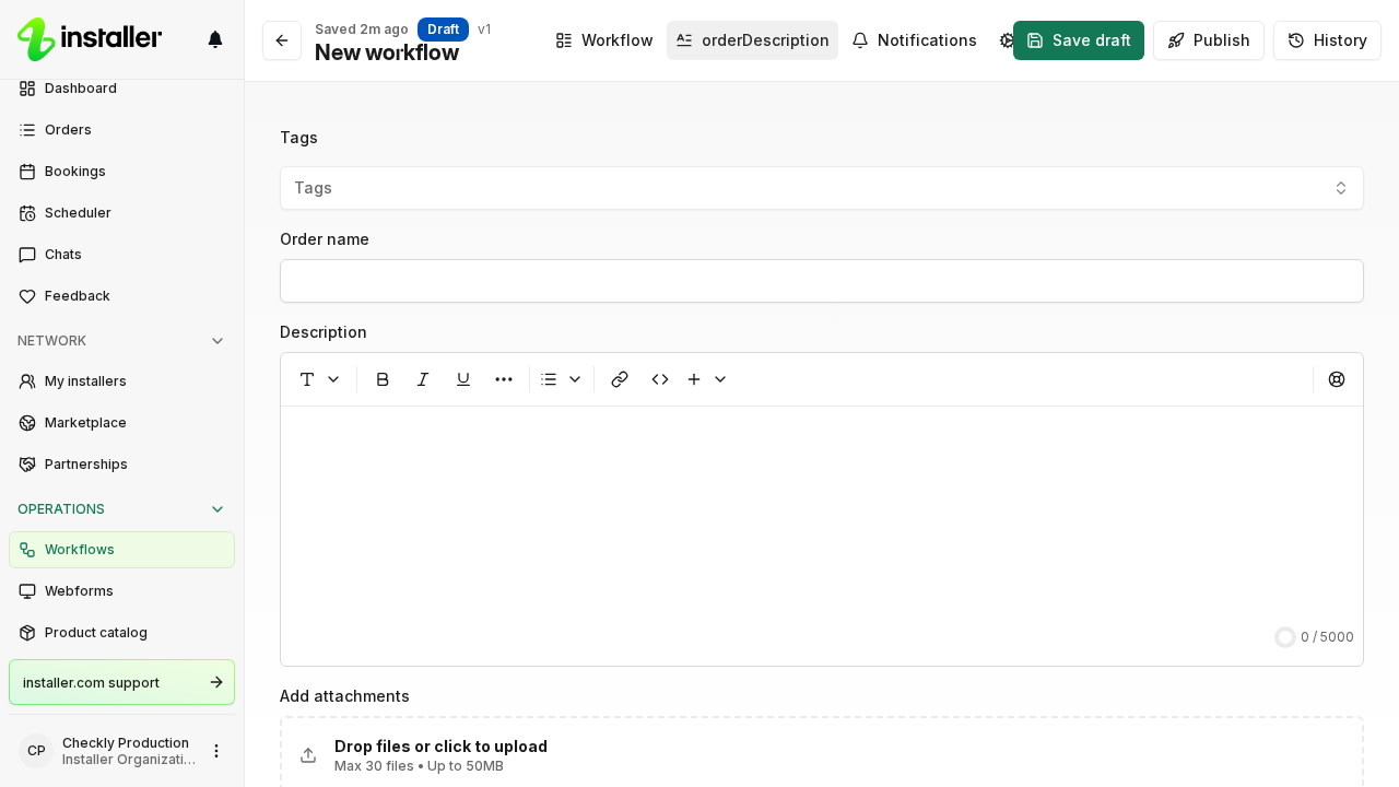 The Description tab, showing the Tags, Order name, Description and Add attachments fields