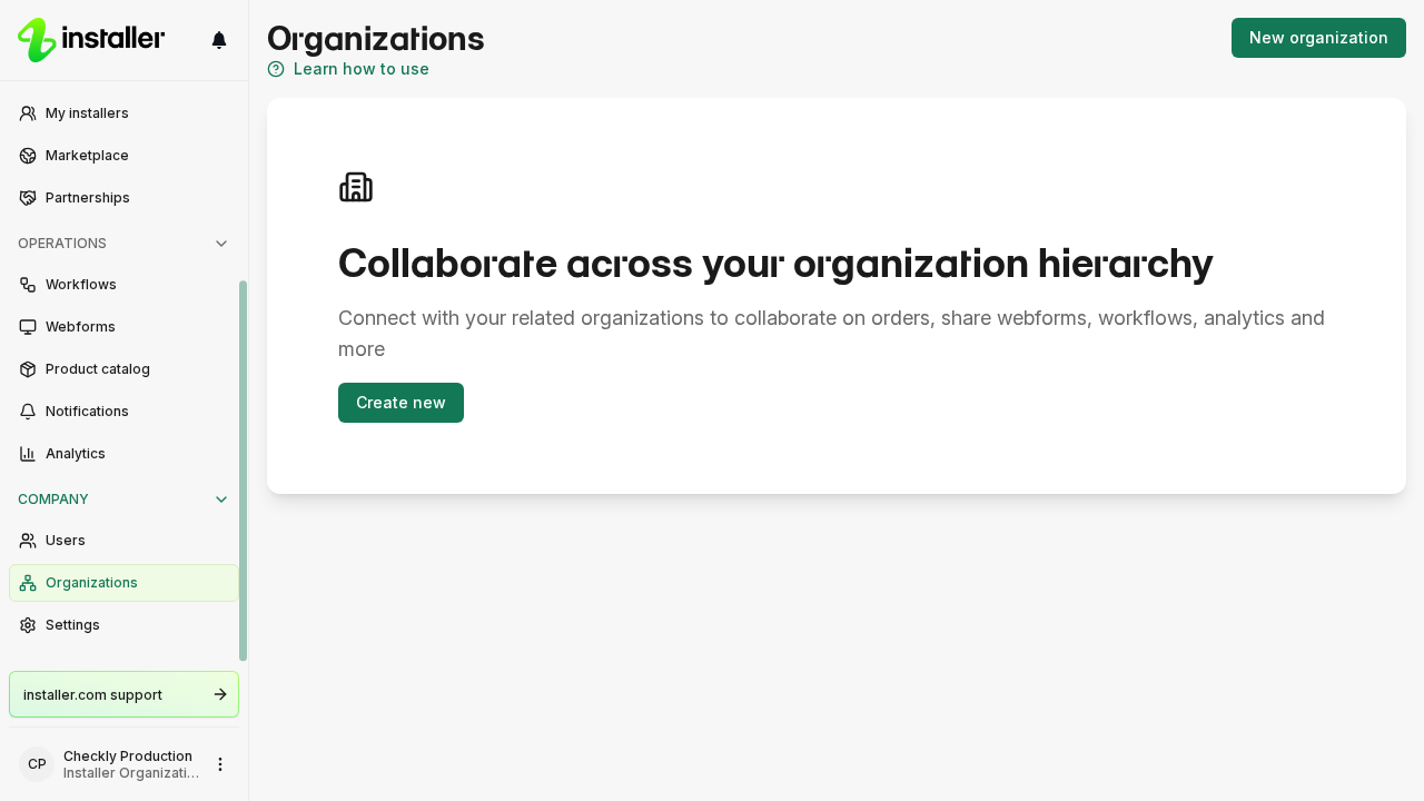 The Organizations page in Settings, listing the organizations under yours