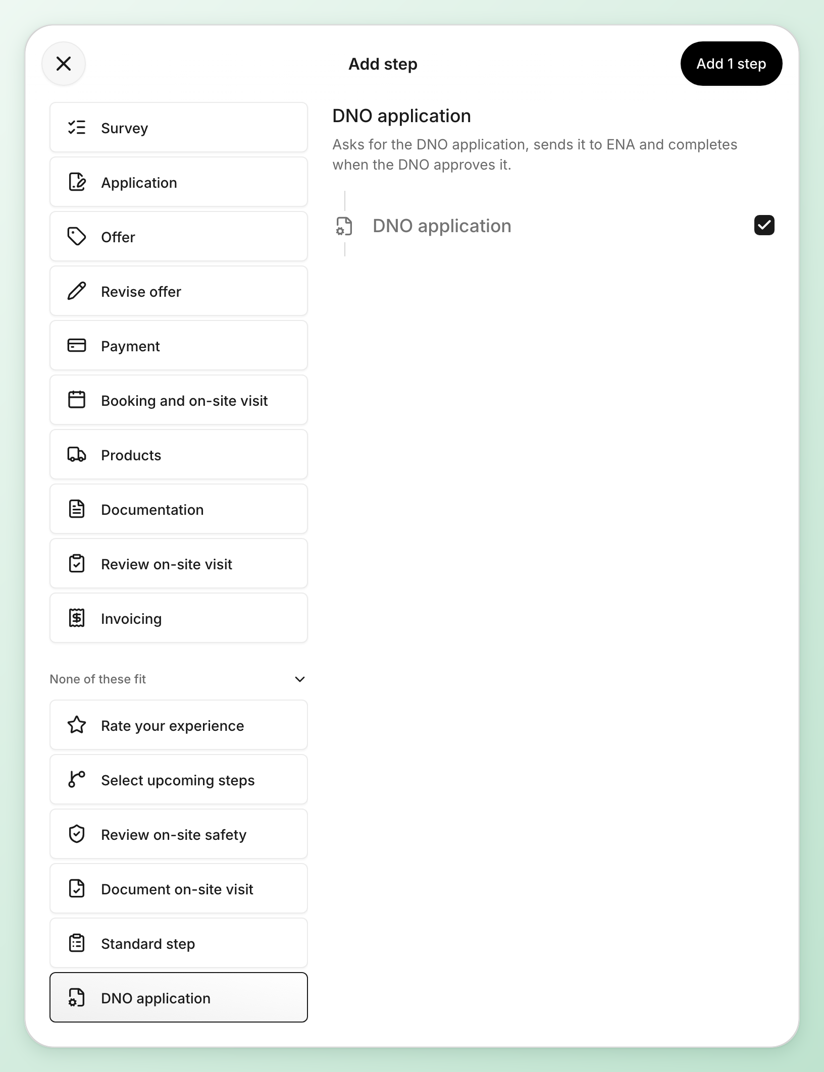The Add step dialog with None of these fit open, DNO application selected, and Add 1 step in the top right