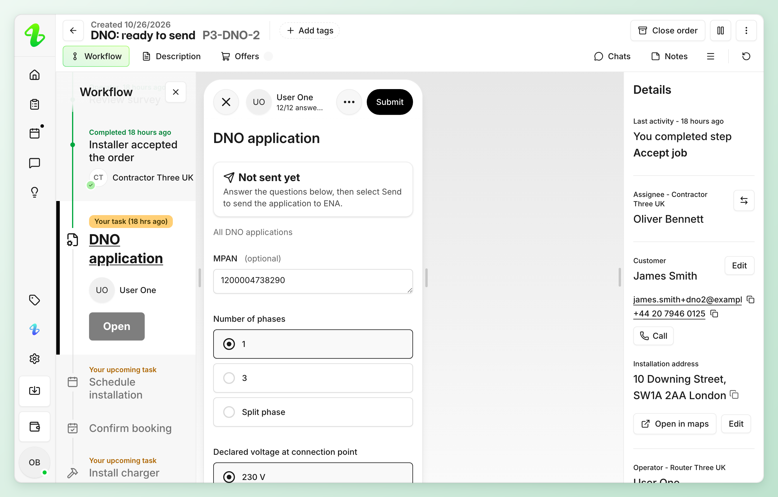 The order page with the DNO application step open: the workflow timeline on the left, the step in the middle with Not sent yet, its questions and Submit at the top, and the order details on the right