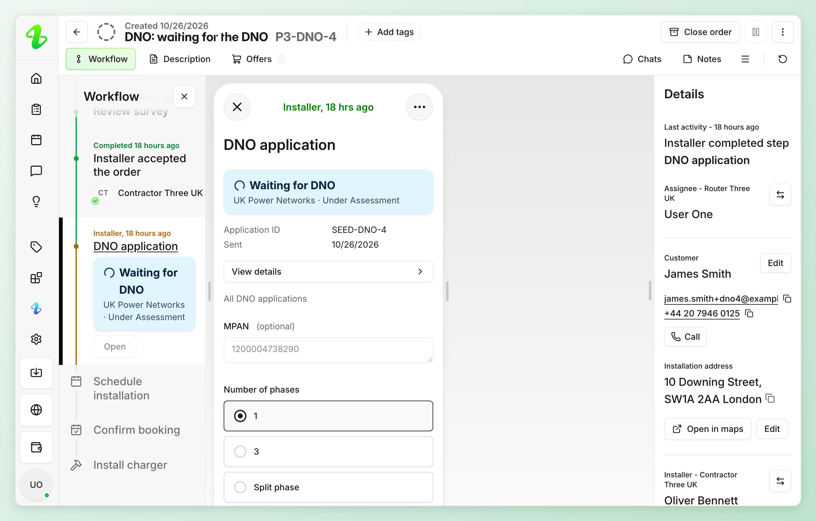 The order page after sending: the timeline and the step both show Waiting for DNO, UK Power Networks, Under Assessment, and the step lists the application ID, the date sent and View details