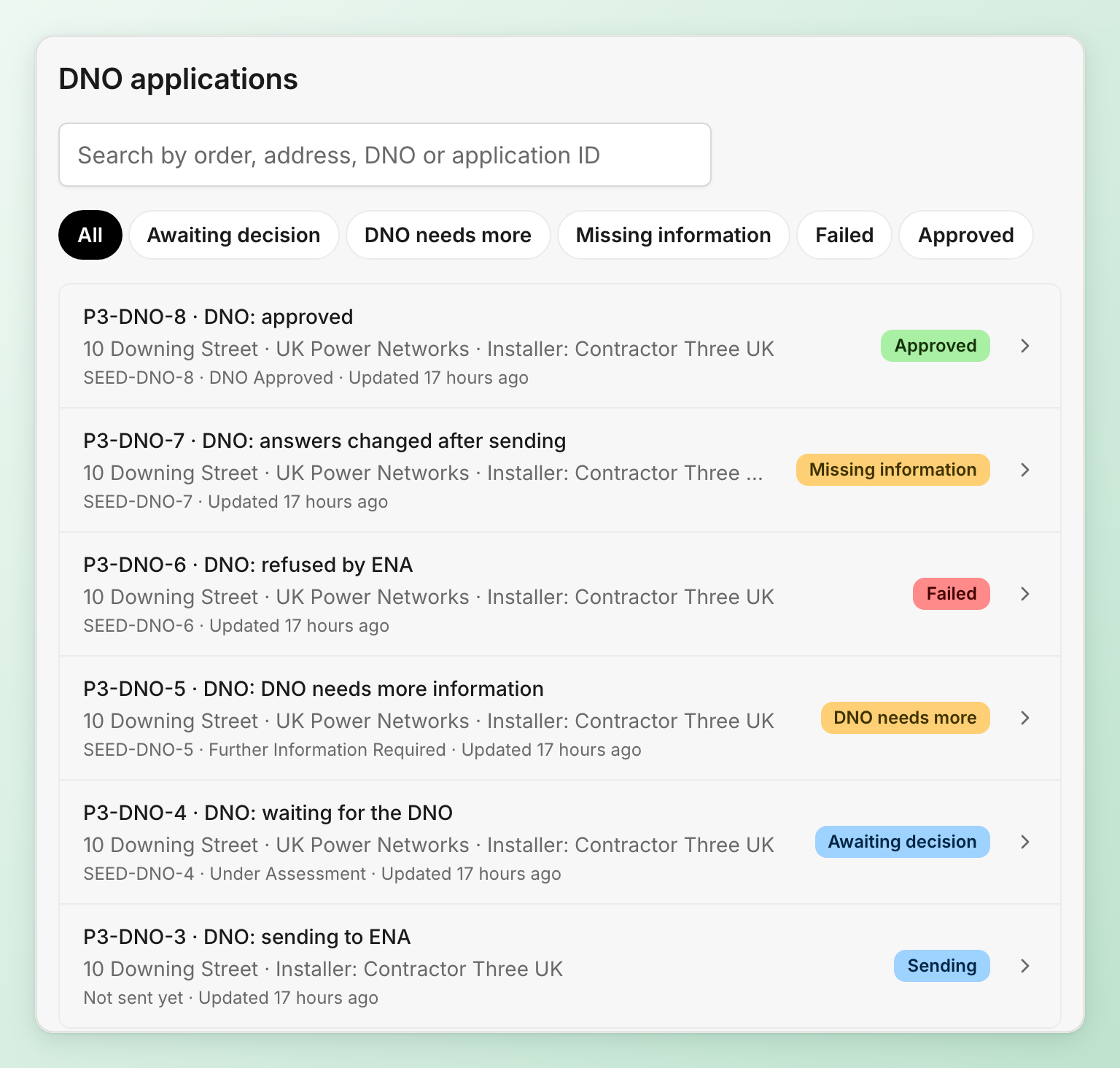 The DNO applications list with a search field, status filters, and one row per application with its order, address, DNO, installer and a status badge