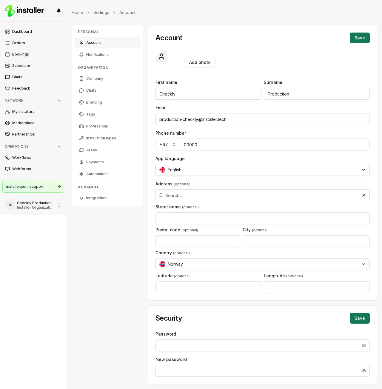 The Settings page, with the settings sections listed under Personal, Organization and Advanced.