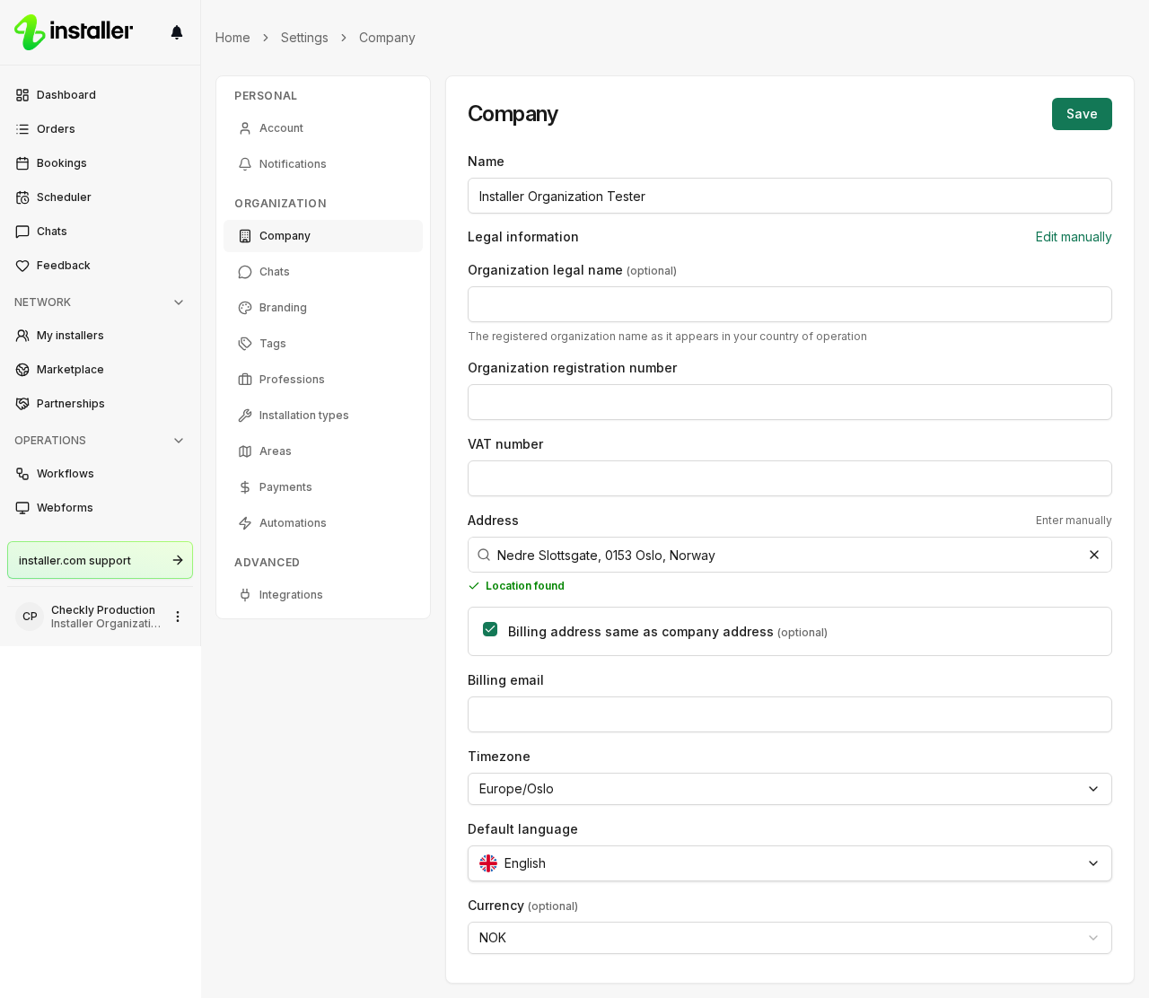 The Company settings page, showing the organization name and legal information fields.