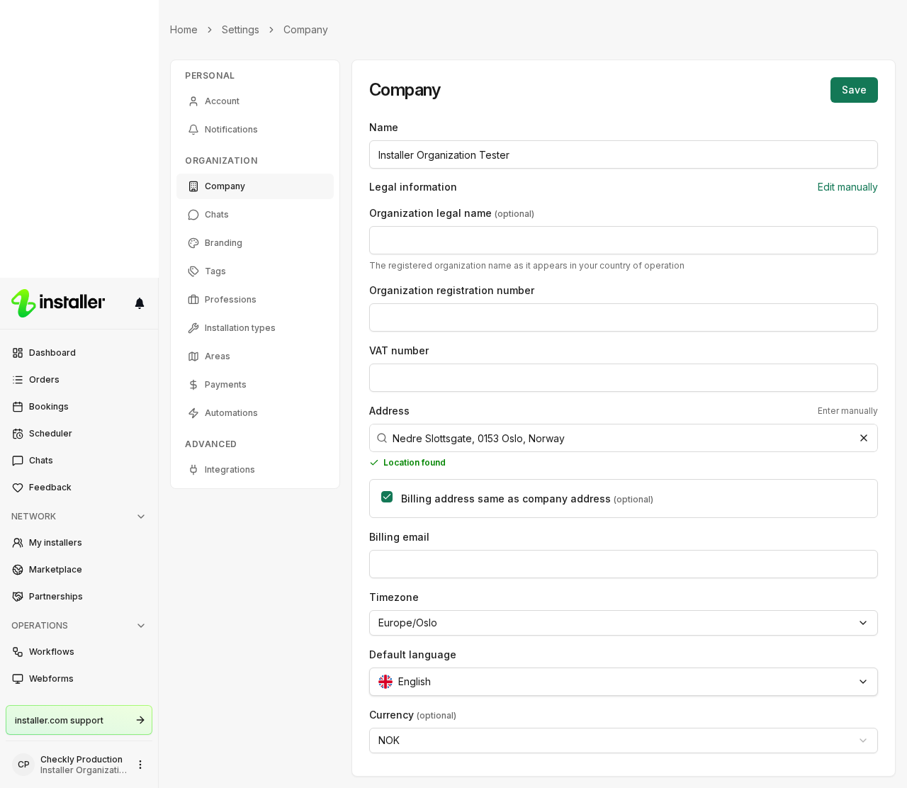 The address fields on the Company settings page.