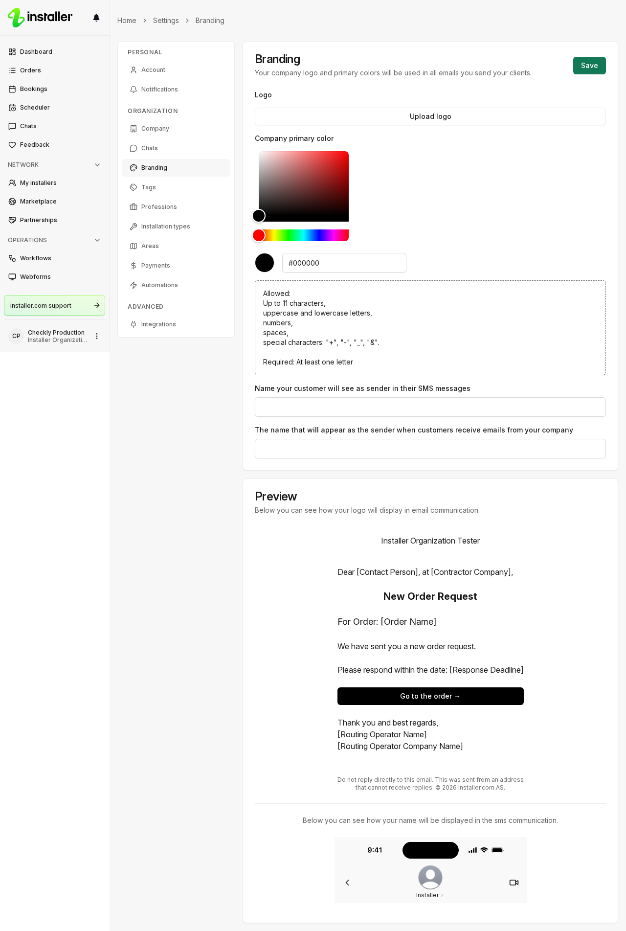 The Branding settings page, with the logo, color and sender name fields beside a preview.