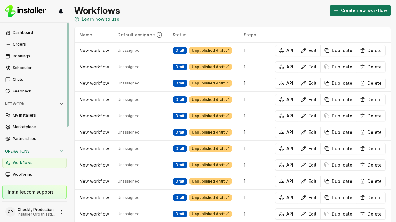 The Workflows list, with Edit, Duplicate and Delete on each row