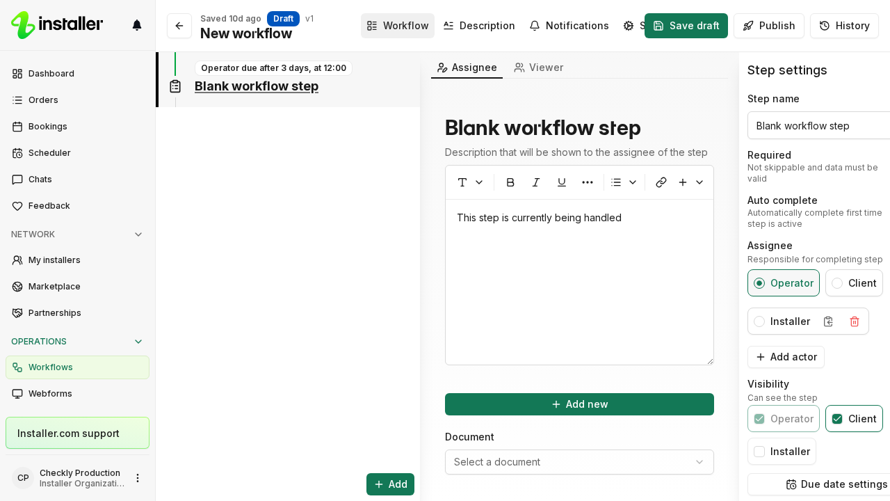 The workflow editor with Step settings open on the right and Operator selected under Assignee