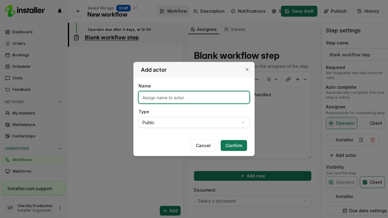 The Add actor dialog over Step settings, asking for a Name and a Type