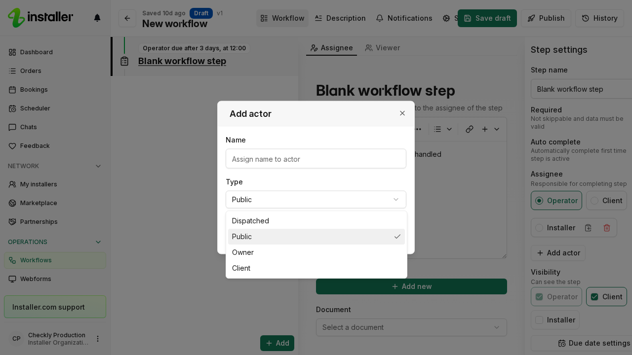 The Add actor dialog with the Type list open, showing Dispatched, Public, Owner and Client