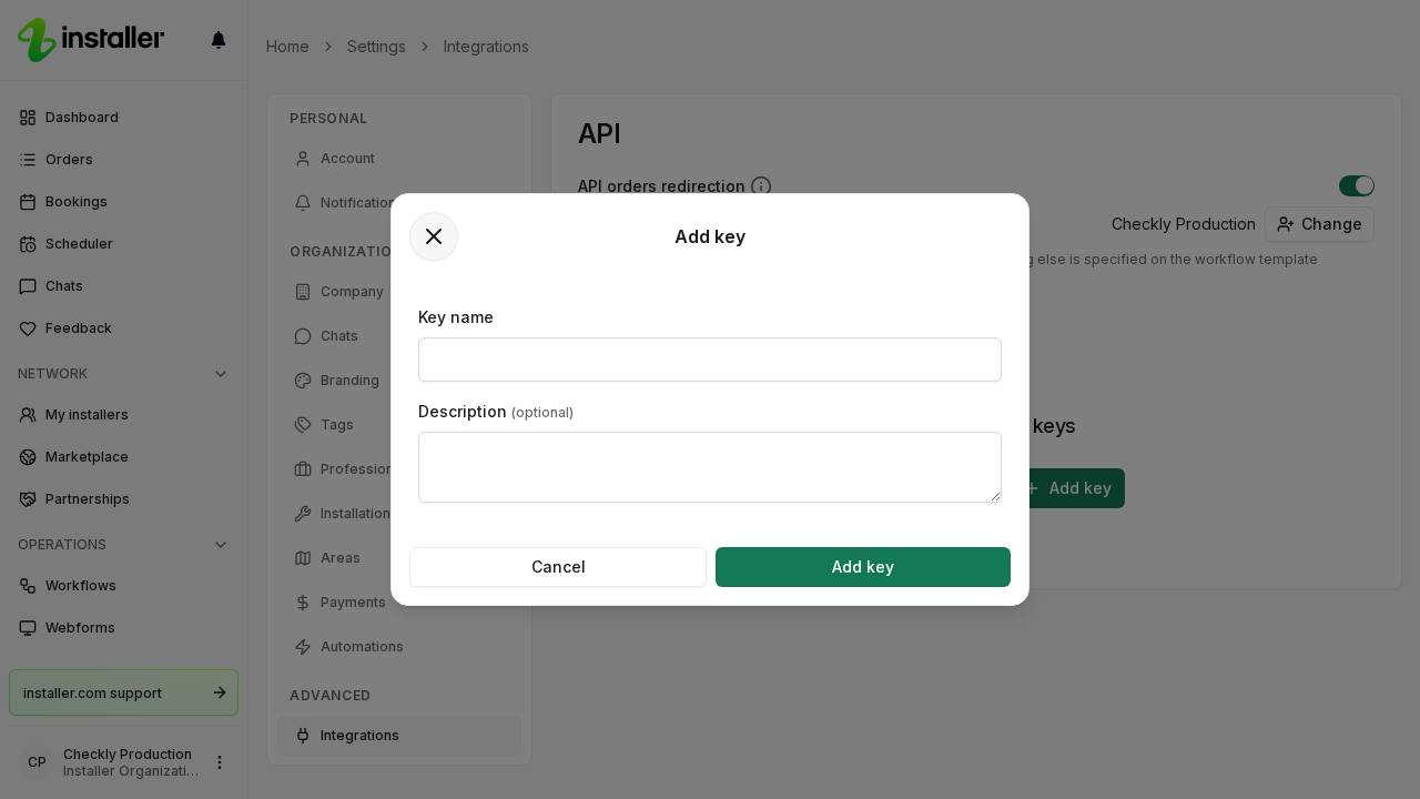 The Add key dialog with a Key name field and an optional Description field