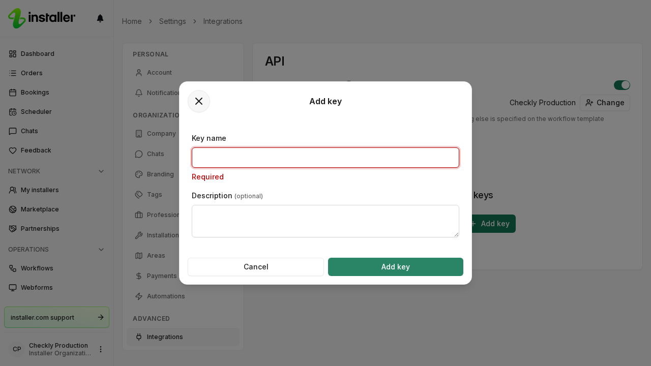 The Add key dialog showing Required under an empty Key name field