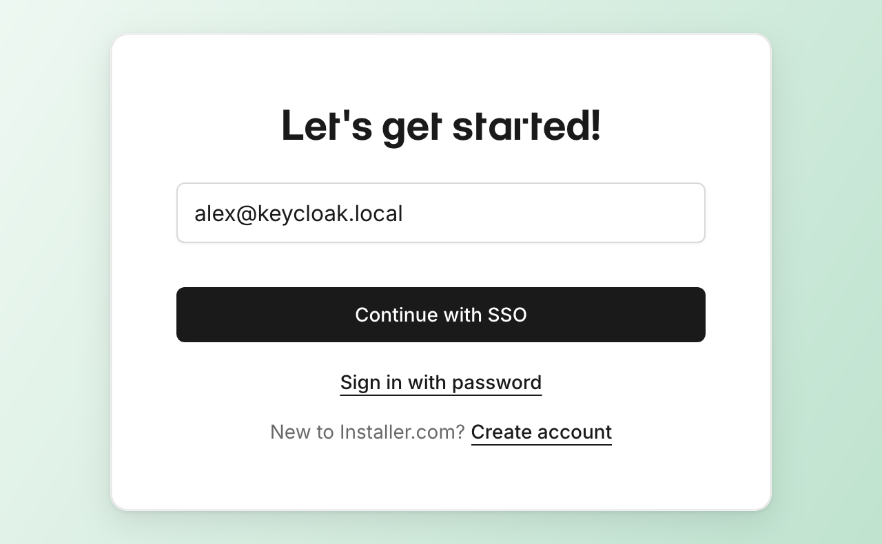 The sign-in page after entering an email address on an SSO domain, with Continue with SSO and the Sign in with password link below it