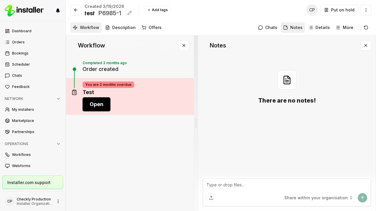 An order page with the Notes panel open on the right, showing an empty notes list above the note box.