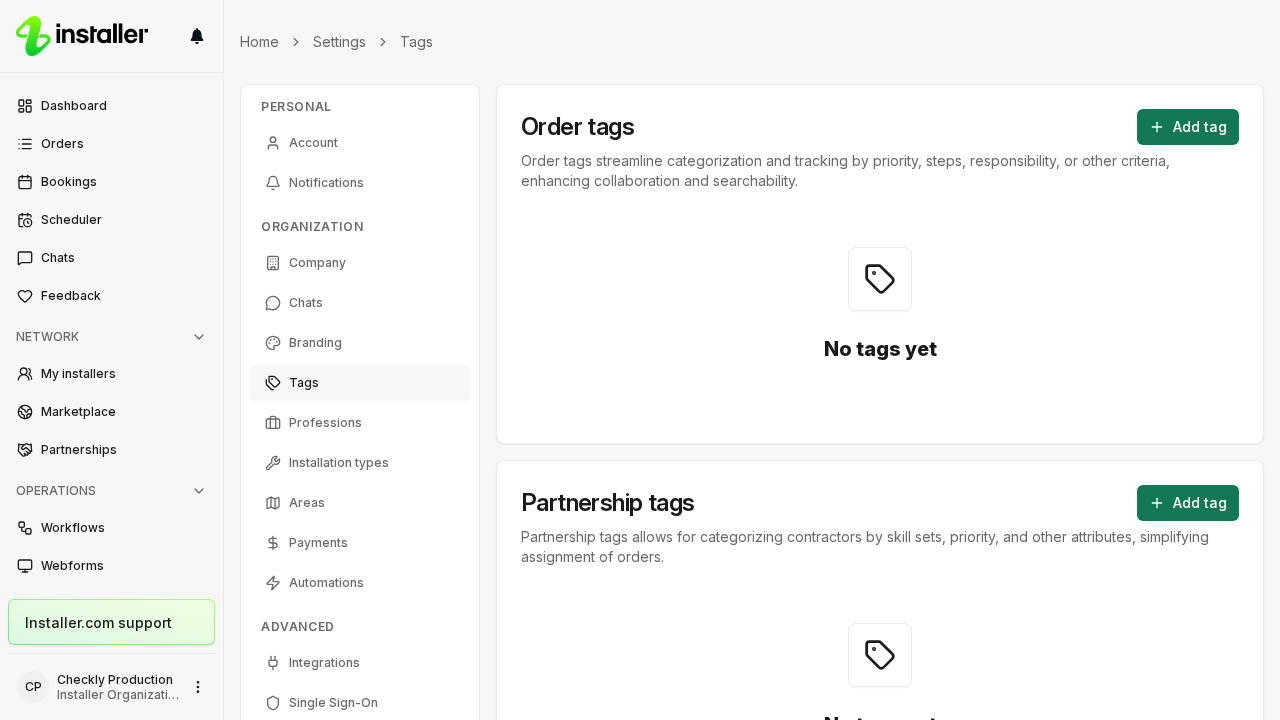 The Tags page in Settings, with the Order tags and Partnership tags sections