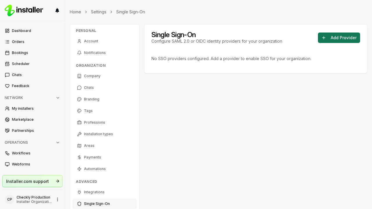 The Single Sign-On page in Settings, under Advanced, with no providers configured yet