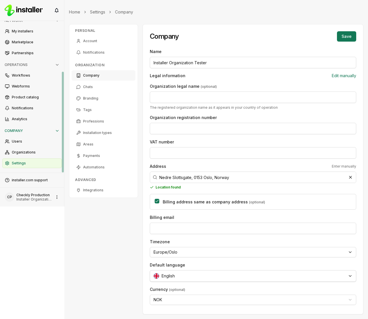 The Company settings page, showing the organization name, owner and legal information fields.