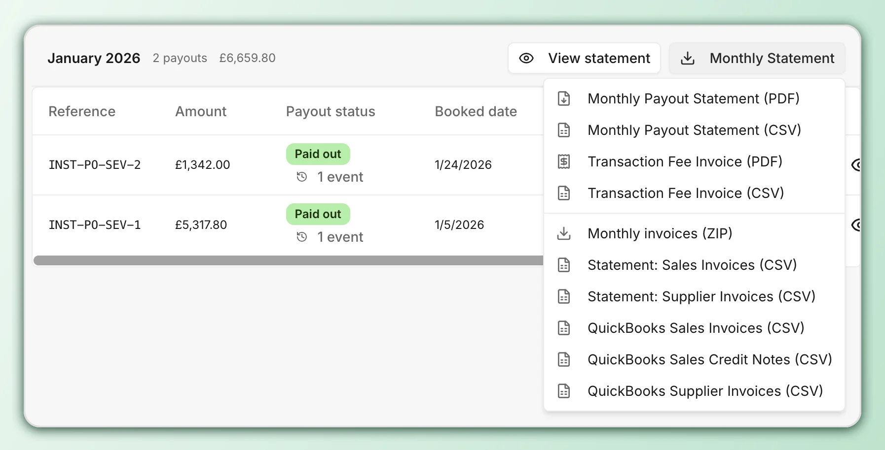 The Monthly Statement menu of January 2026 in Payout overview, with QuickBooks Sales Invoices (CSV), QuickBooks Sales Credit Notes (CSV) and QuickBooks Supplier Invoices (CSV) at the bottom, below Monthly invoices (ZIP)