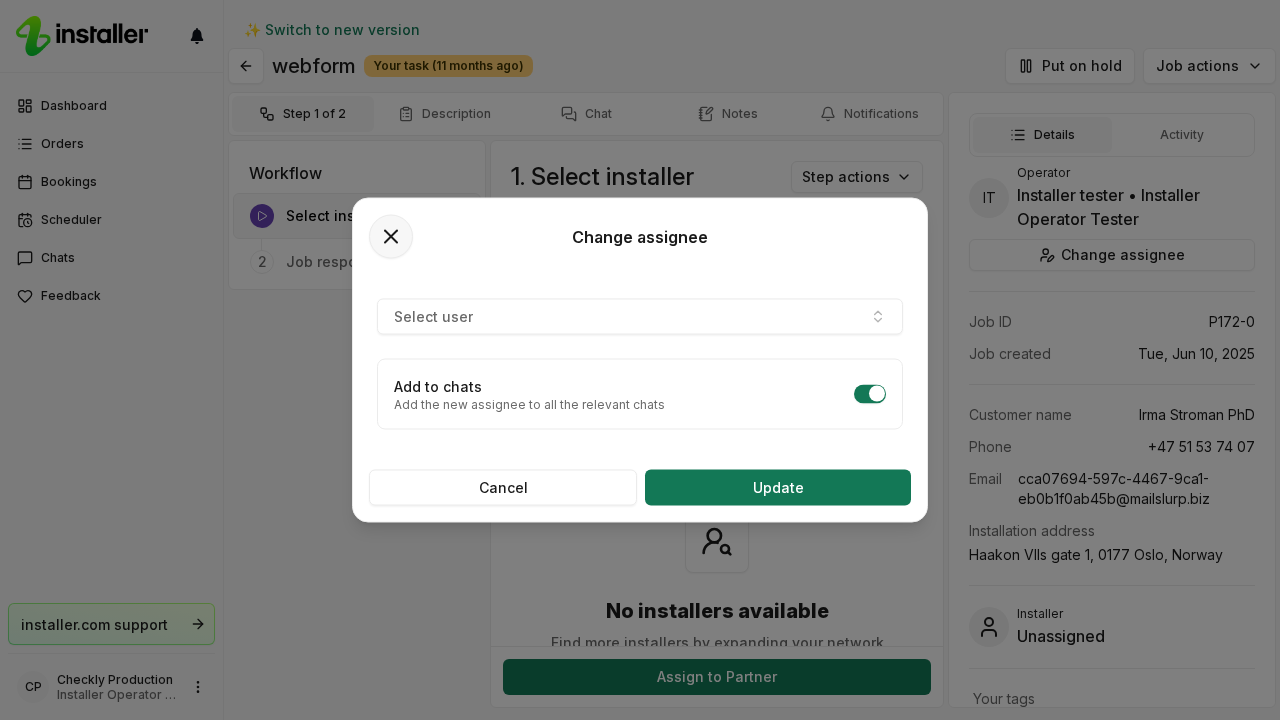 The Change assignee dialog open on an order