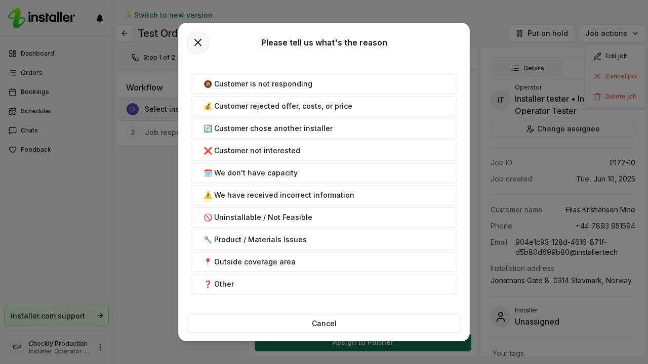 The reason picker open over an order, with the reasons for declining listed