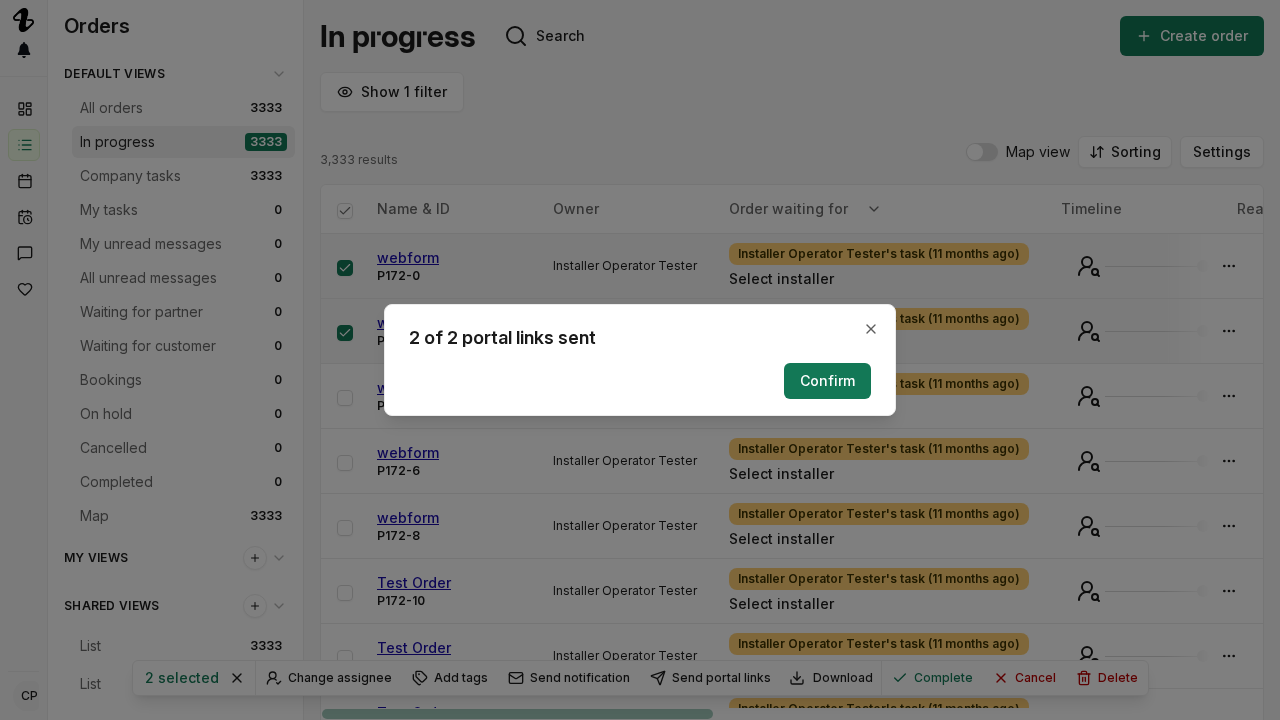 The order list with checkboxes selected on several orders