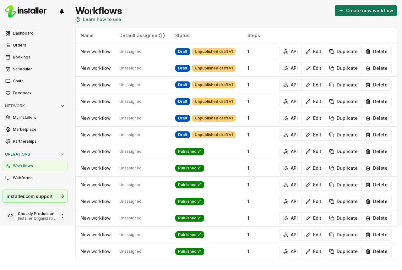 The Workflows list, where you select a workflow to open its editor