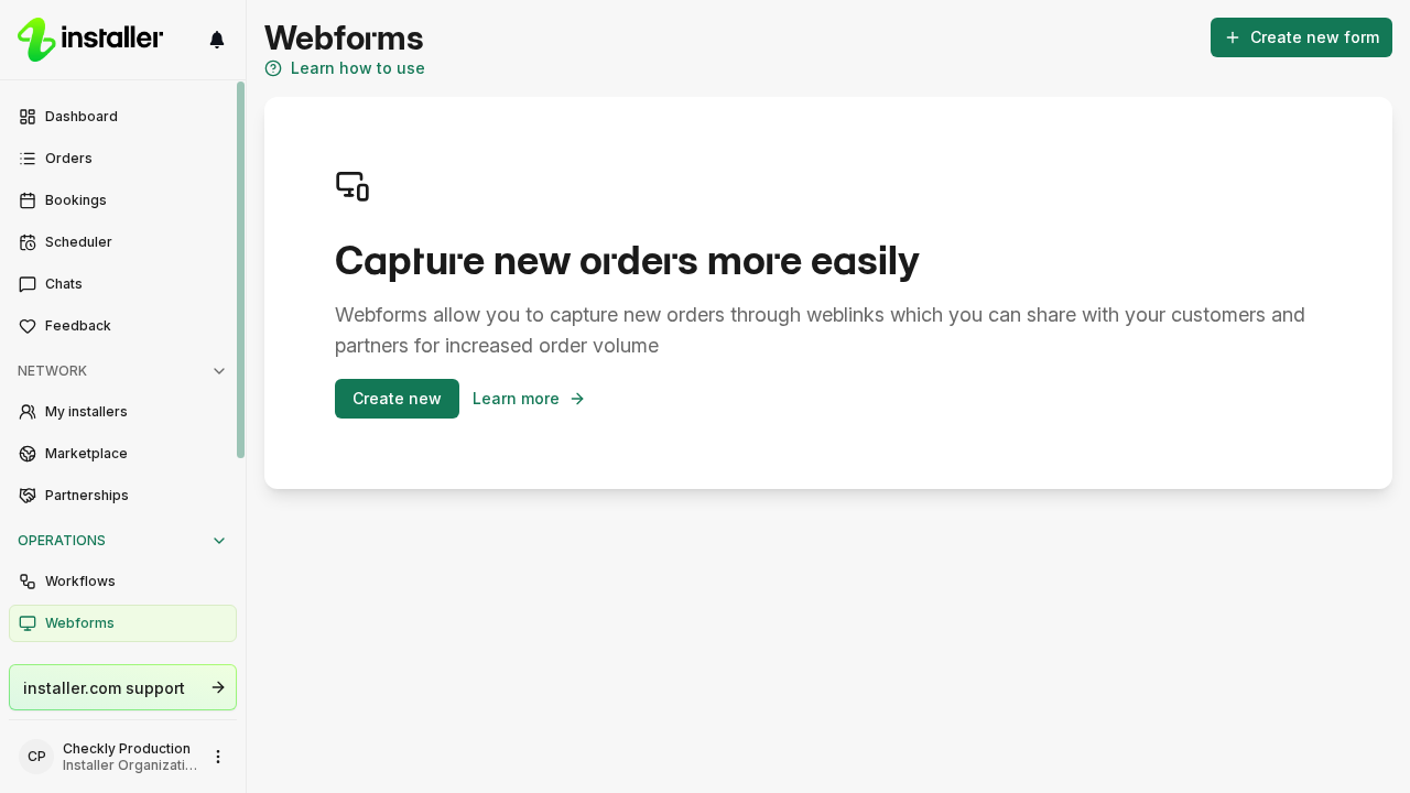 The Webforms tab of a workflow, listing the forms that create orders for it.