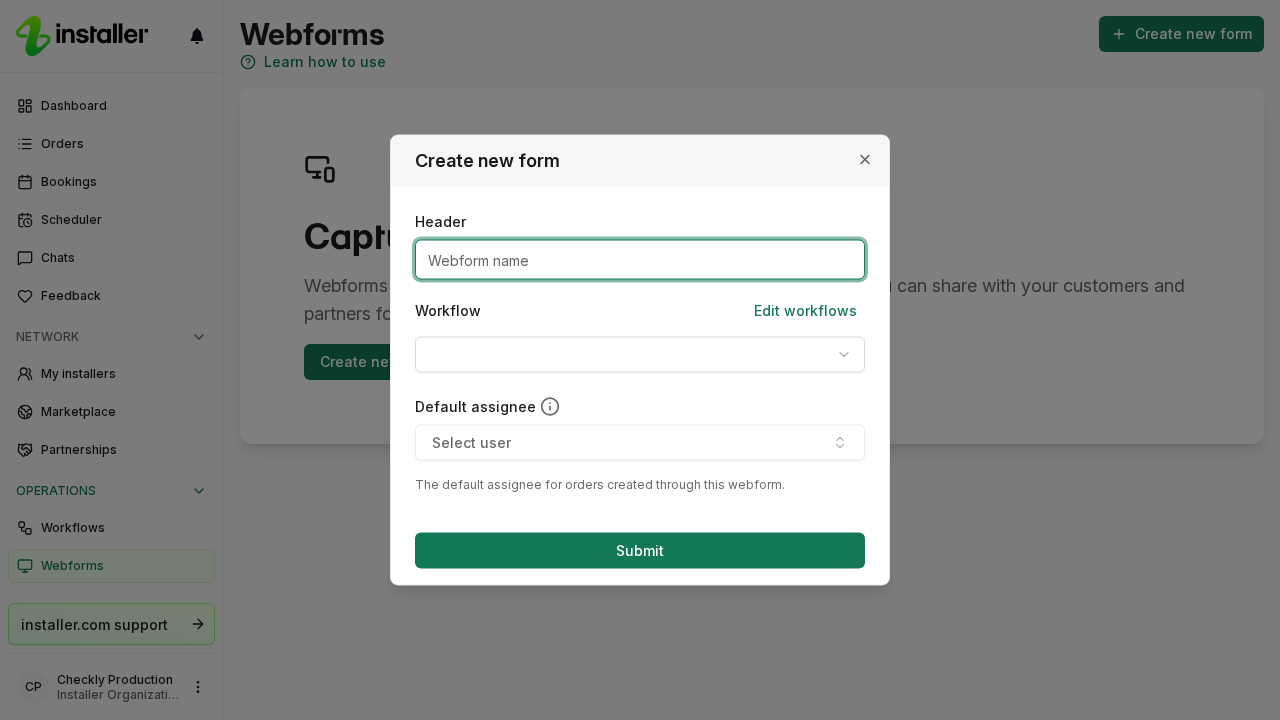 The Create new form dialog, with the Header field and the Default assignee picker.