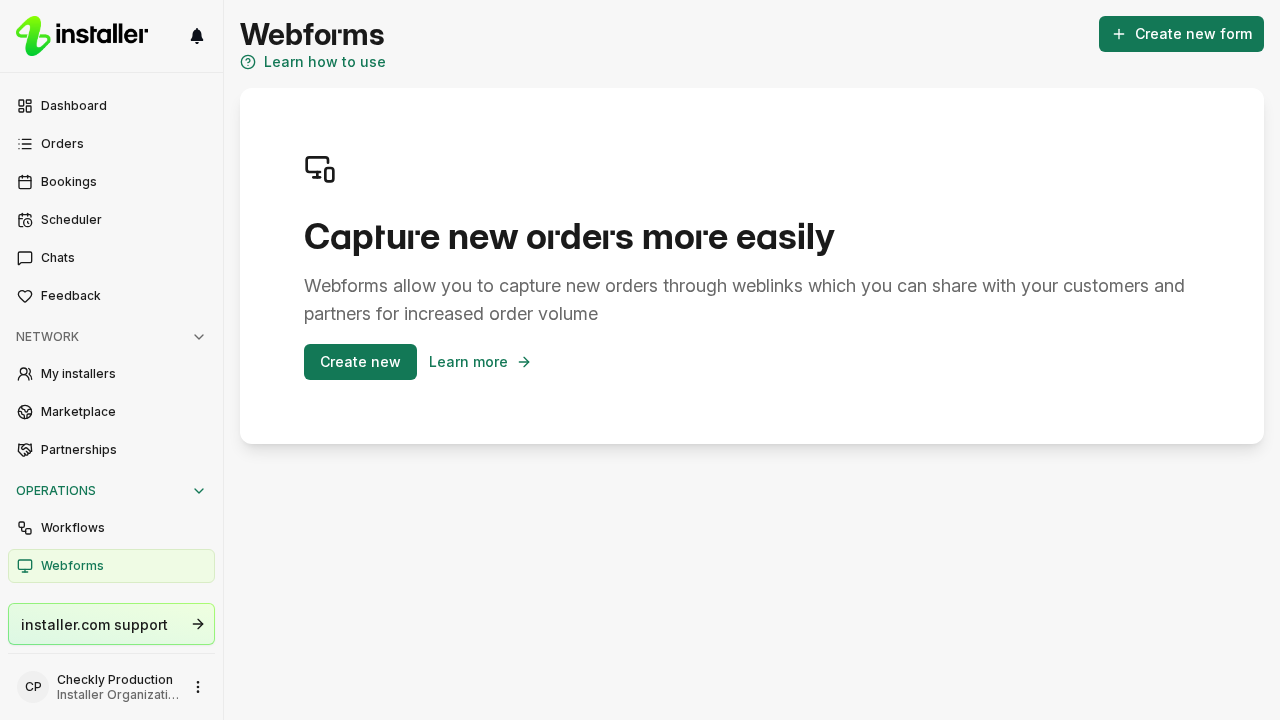 The Webforms tab, where the new form is now listed.