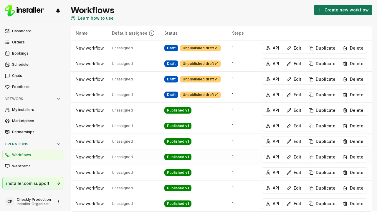 The Workflows page, listing the workflows in your organization, with Create new workflow at the top right