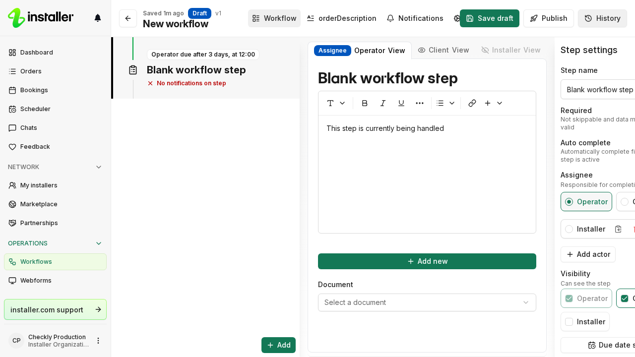 The Create new workflow dialog, asking for a name and an installation type