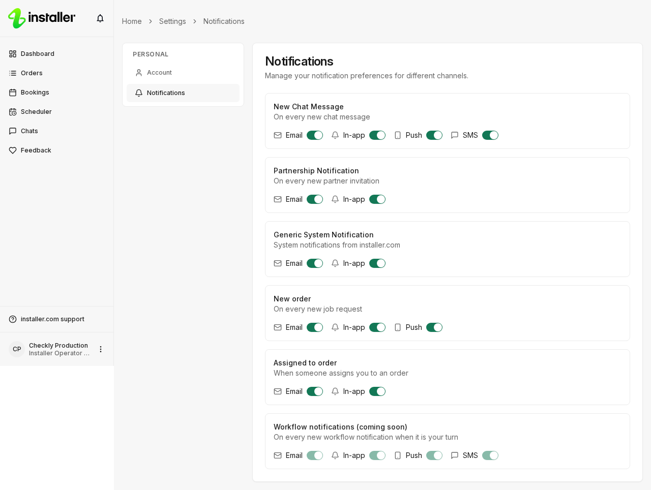 The Notifications settings page, listing notification types with a switch for each channel