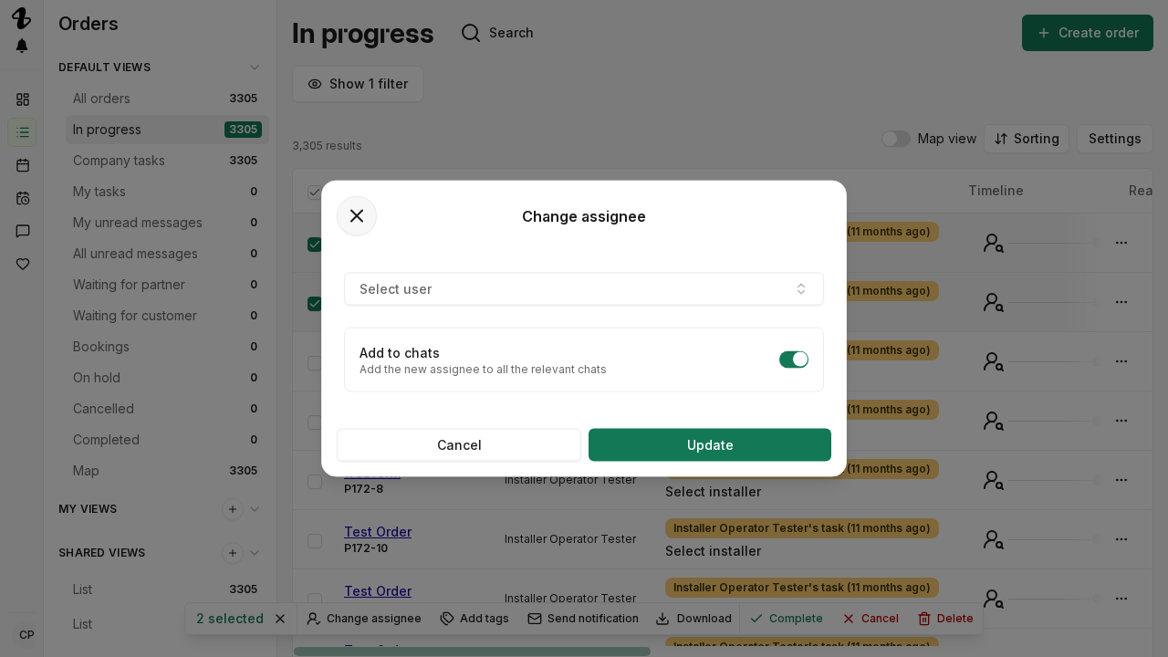 The order list with checkboxes selected on several orders