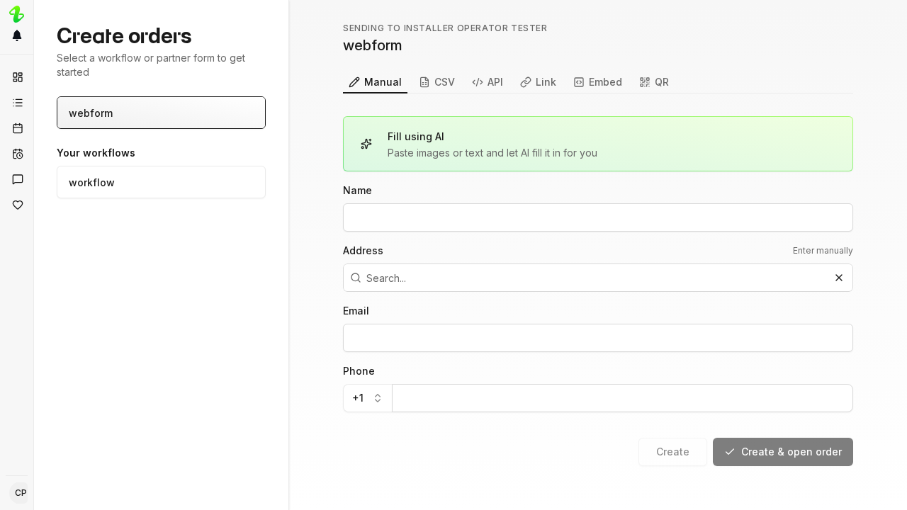 The Create orders page with a webform selected and the Fill using AI card above the order form
