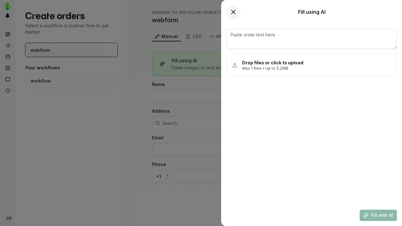 The Fill using AI panel, with the text area, the upload area for one file, and the Fill with AI button