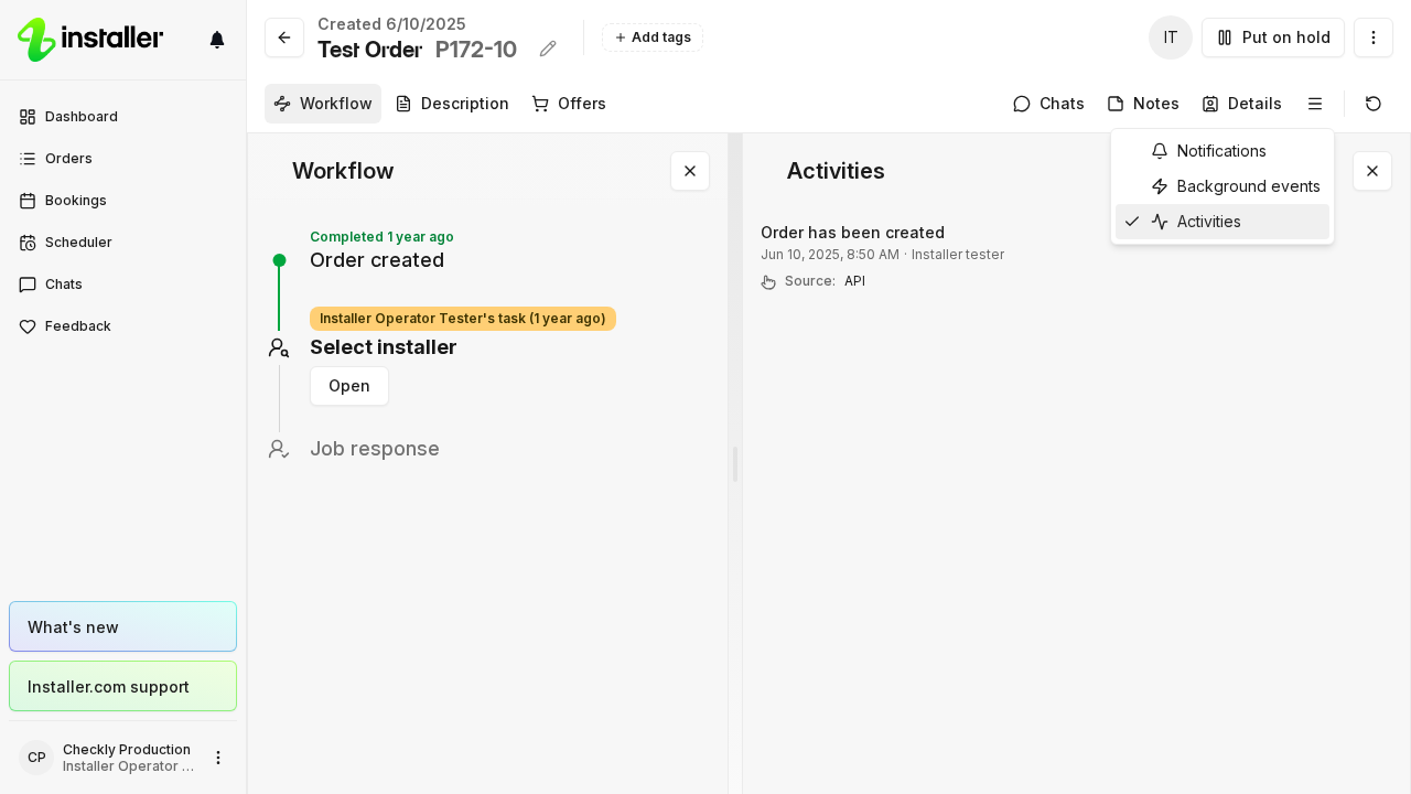 The More menu open on an order page, with the activity panel showing beside the workflow.